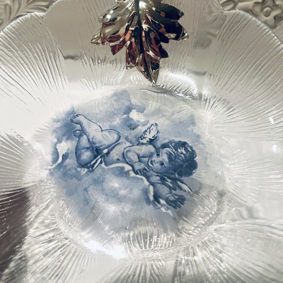 Angel Glass Curved Plate 925 Silver Leaf Hand Painted ARGENTERIA ASTUNI Vintage - Picture 4 of 9